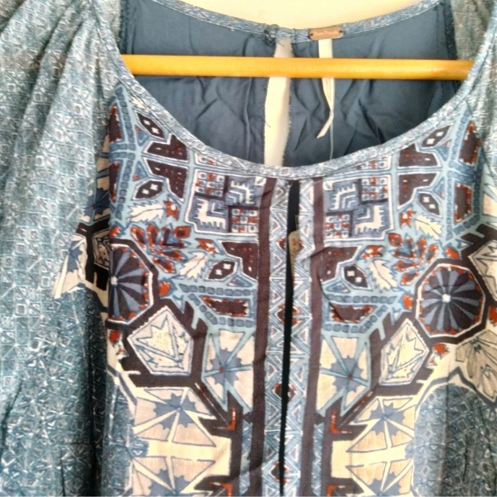 Free People NWT Marine Blue OKSANA Long Sleeve Mini Dress Size 6 Boho Peasant - Picture 5 of 15
